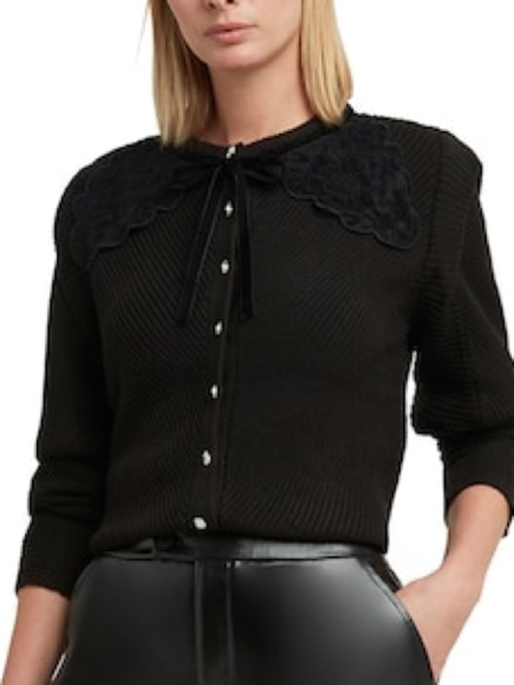 H Halston | Black Wool Blend Cardigan With faux lace Peter Pan Collar